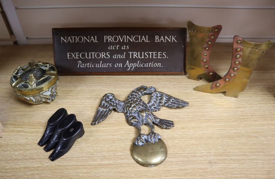 A set of three Victorian papier mache snuff boots, 8cm, a bank nameplate and ornamental brassware (8)